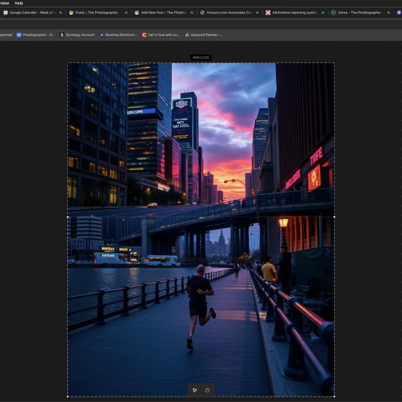 Person jogging on a city waterfront path at sunset with skyscrapers and colorful sky in the background. Credit: Chris Gampat via VSCO Canvas